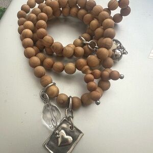 Katia Designs Wood Beaded Charm Necklace with Silver Heart Pendant - Tan